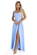 633-4 AURELIA długa sukienka na wesele z rozcięciem i dekoltem w caro - błękitna z brokatem