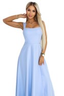 633-4 AURELIA długa sukienka na wesele z rozcięciem i dekoltem w caro - błękitna z brokatem