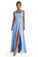 633-4 AURELIA długa sukienka na wesele z rozcięciem i dekoltem w caro - błękitna z brokatem
