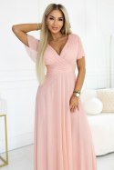635-7 MELANIA długa błyszcząca suknia na wesele z dekoltem i krótkim rękawkiem - brzoskwiniowa