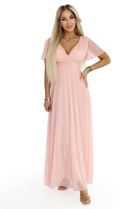 635-7 MELANIA długa błyszcząca suknia na wesele z dekoltem i krótkim rękawkiem - brzoskwiniowa