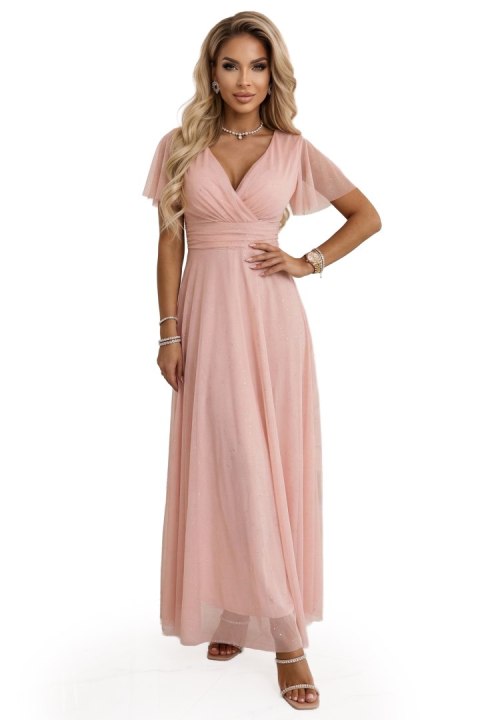 635-7 MELANIA długa błyszcząca suknia na wesele z dekoltem i krótkim rękawkiem - brzoskwiniowa