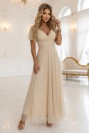 635-9 MELANIA długa błyszcząca suknia na wesele z dekoltem i krótkim rękawkiem - beżowa