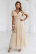635-9 MELANIA długa błyszcząca suknia na wesele z dekoltem i krótkim rękawkiem - beżowa