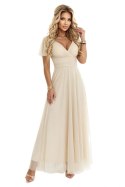 635-9 MELANIA długa błyszcząca suknia na wesele z dekoltem i krótkim rękawkiem - beżowa
