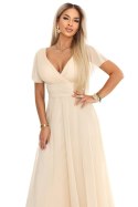 635-9 MELANIA długa błyszcząca suknia na wesele z dekoltem i krótkim rękawkiem - beżowa