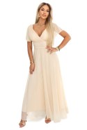 635-9 MELANIA długa błyszcząca suknia na wesele z dekoltem i krótkim rękawkiem - beżowa