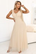 637-4 Długa sukienka maxi z brokatowym połyskiem i głębokim dekoltem - szampański beż