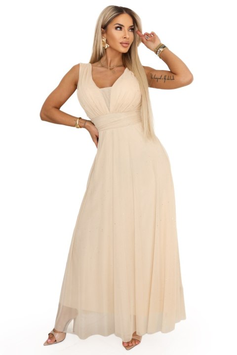 637-4 Długa sukienka maxi z brokatowym połyskiem i głębokim dekoltem - szampański beż