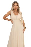 637-4 Długa sukienka maxi z brokatowym połyskiem i głębokim dekoltem - szampański beż
