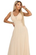 637-4 Długa sukienka maxi z brokatowym połyskiem i głębokim dekoltem - szampański beż