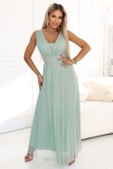 637-5 Długa sukienka maxi z brokatowym akcentem i głębokim dekoltem - pistacjowa