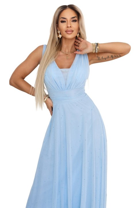 637-6 Wieczorowa długa sukienka z brokatowym akcentem i głębokim dekoltem - błękitna