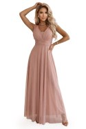 637-7 Długa sukienka maxi z brokatowym akcentem i głębokim dekoltem - pudrowy róż
