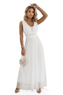 637-8 Długa sukienka maxi z brokatowym akcentem i głębokim dekoltem - ecru