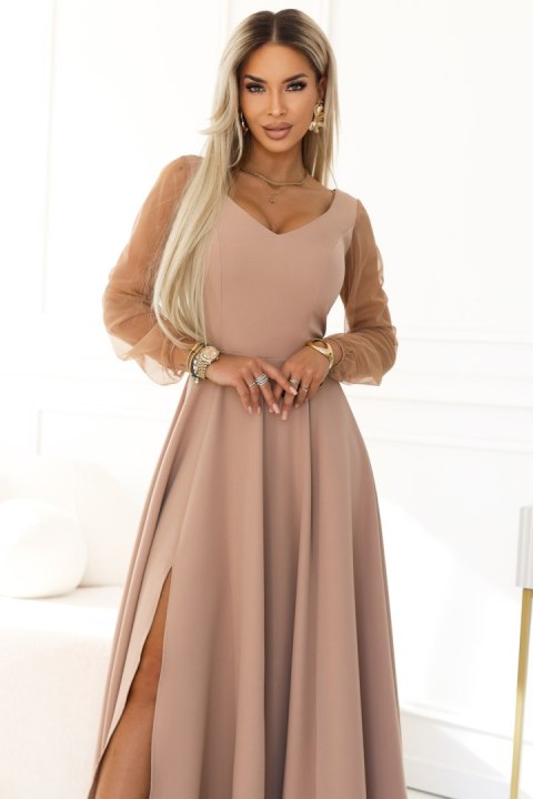 640-4 LORETTA wyjątkowa długa sukienka z tiulowymi rękawami i dekoltem - beżowa