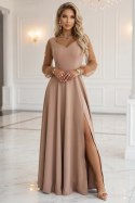 640-4 LORETTA wyjątkowa długa sukienka z tiulowymi rękawami i dekoltem - beżowa