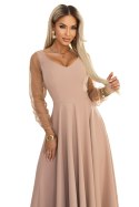 640-4 LORETTA wyjątkowa długa sukienka z tiulowymi rękawami i dekoltem - beżowa