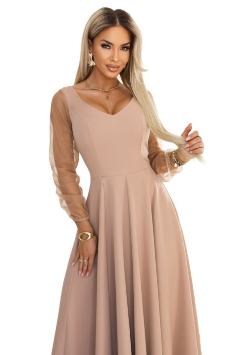 640-4 LORETTA wyjątkowa długa sukienka z tiulowymi rękawami i dekoltem - beżowa