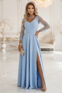640-5 LORETTA wyjątkowa długa sukienka z tiulowymi rękawami i dekoltem - błękitna