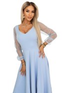 640-5 LORETTA wyjątkowa długa sukienka z tiulowymi rękawami i dekoltem - błękitna