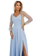 640-5 LORETTA wyjątkowa długa sukienka z tiulowymi rękawami i dekoltem - błękitna
