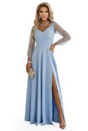 640-5 LORETTA wyjątkowa długa sukienka z tiulowymi rękawami i dekoltem - błękitna