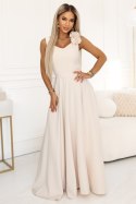 643-3 Elegancka wieczorowa suknia maxi z rozcięciem i różami - beżowa