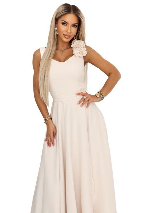 643-3 Elegancka wieczorowa suknia maxi z rozcięciem i różami - beżowa