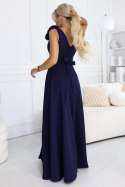 643-4 Elegancka wieczorowa suknia maxi z rozcięciem i różami - granatowa