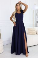 643-4 Elegancka wieczorowa suknia maxi z rozcięciem i różami - granatowa