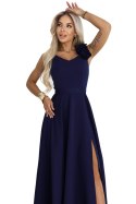 643-4 Elegancka wieczorowa suknia maxi z rozcięciem i różami - granatowa