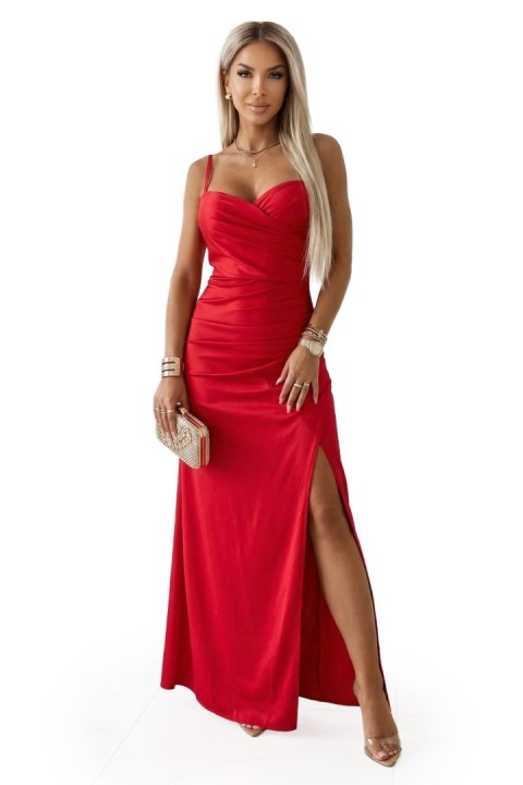 647-3 Dopasowana długa sukienka maxi z kopertowym dekoltem i rozcięciem - czerwona