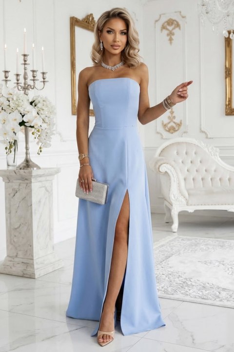 663-2 ELARA gorsetowa sukienka maxi z rozcięciem i wiązaniem na plecach - błękitna