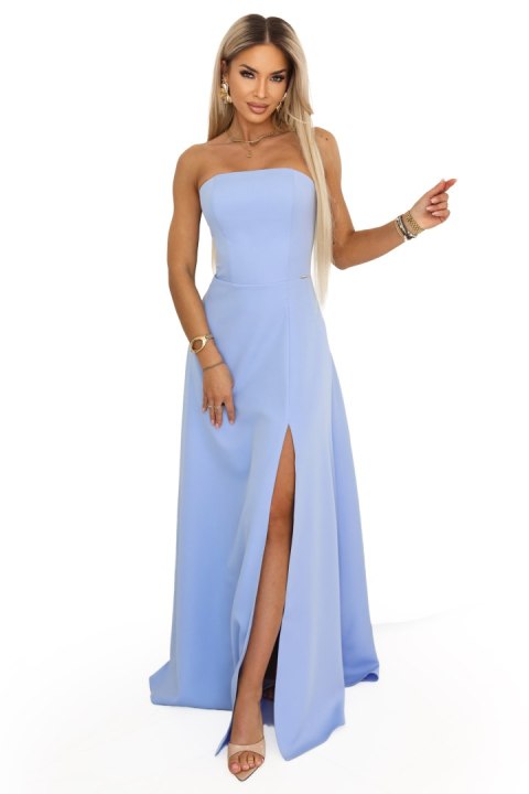 663-2 ELARA gorsetowa sukienka maxi z rozcięciem i wiązaniem na plecach - błękitna