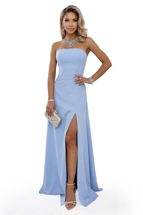 663-2 ELARA gorsetowa sukienka maxi z rozcięciem i wiązaniem na plecach - błękitna