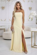 663-3 ELARA gorsetowa sukienka maxi z rozcięciem i wiązaniem na plecach - masełkowy żółty
