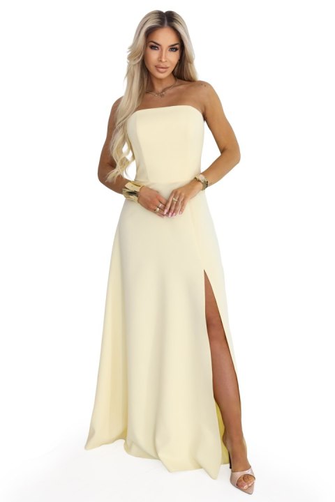 663-3 ELARA gorsetowa sukienka maxi z rozcięciem i wiązaniem na plecach - masełkowy żółty