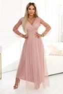 664-1 Długa sukienka maxi z tiulowymi rękawami i kopertowym dekoltem - pudrowy róż