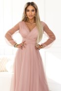 664-1 Długa sukienka maxi z tiulowymi rękawami i kopertowym dekoltem - pudrowy róż