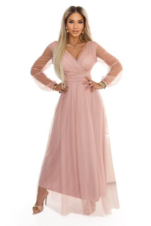 664-1 Długa sukienka maxi z tiulowymi rękawami i kopertowym dekoltem - pudrowy róż