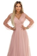 664-1 Długa sukienka maxi z tiulowymi rękawami i kopertowym dekoltem - pudrowy róż