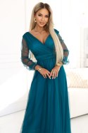 664-2 Długa sukienka maxi z tiulowymi rękawami i kopertowym dekoltem - zieleń butelkowa