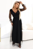 664-3 Długa sukienka maxi z tiulowymi rękawami i kopertowym dekoltem - czarna