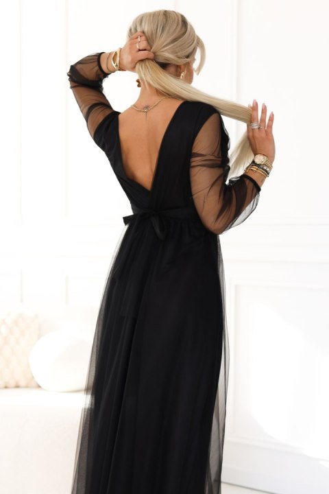 664-3 Długa sukienka maxi z tiulowymi rękawami i kopertowym dekoltem - czarna