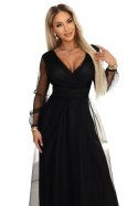 664-3 Długa sukienka maxi z tiulowymi rękawami i kopertowym dekoltem - czarna