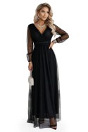 664-3 Długa sukienka maxi z tiulowymi rękawami i kopertowym dekoltem - czarna
