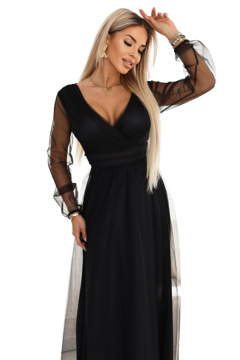 664-3 Długa sukienka maxi z tiulowymi rękawami i kopertowym dekoltem - czarna