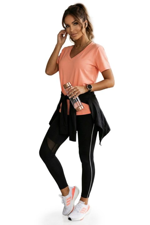 665-2 Bawełniana bluzka damska z dekoltem V i krótkim rękawkiem - koralowa