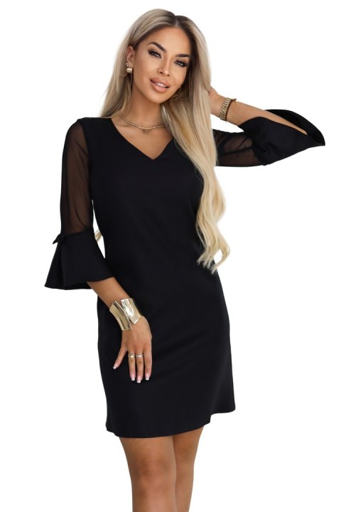 668-1 Trapezowa sukienka brokatowa z tiulowymi rękawami i dekoltem V - czarna